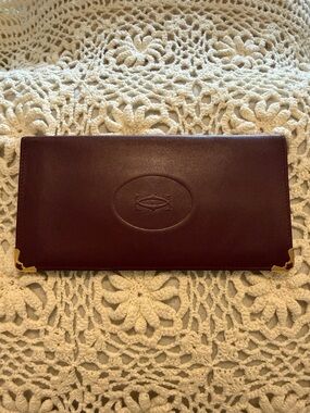 Cartier Burgundy Leather Continental Wallet with Gold Corner Accents